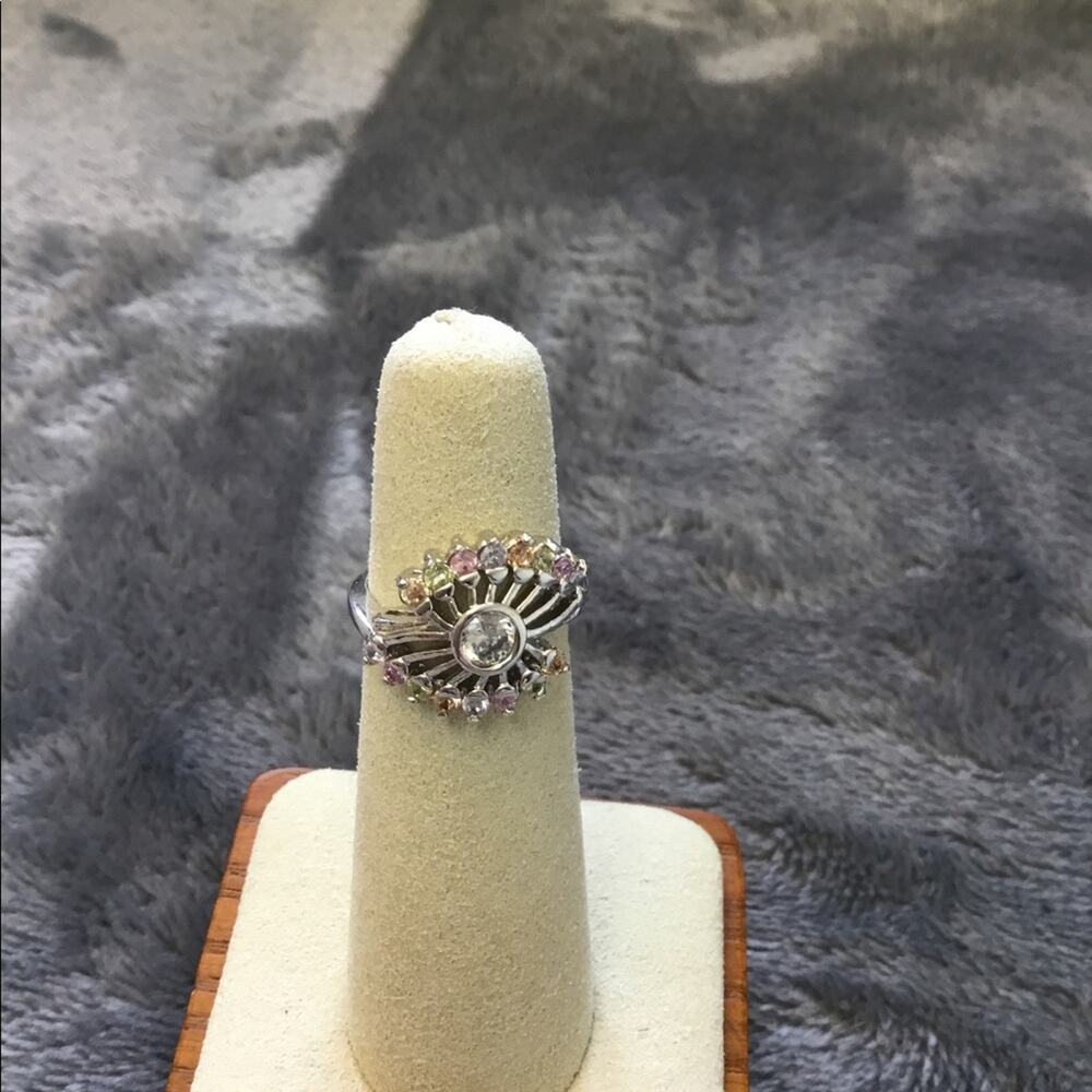 Silver Fan Shape Rainbow Crystals Ring